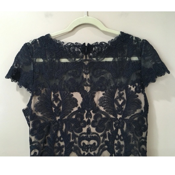 Tadashi Shoji Blue Corded Embroidery Tulle Dress Sheer Illusion Neck Womens 12 - Picture 7 of 8